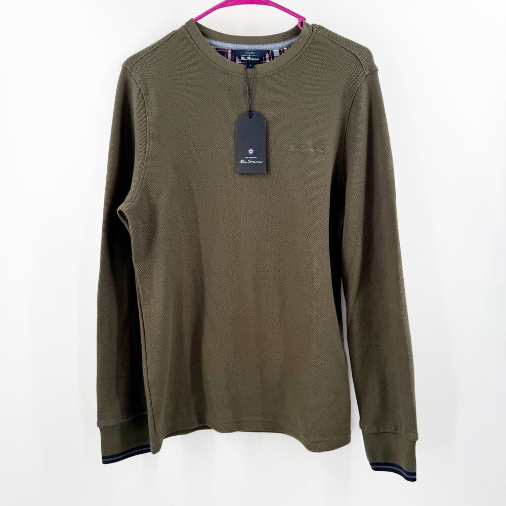 Ben Sherman Shirt Mens Small NWT Long Sleeve Waffle Camouflage Green Navy Stripe
